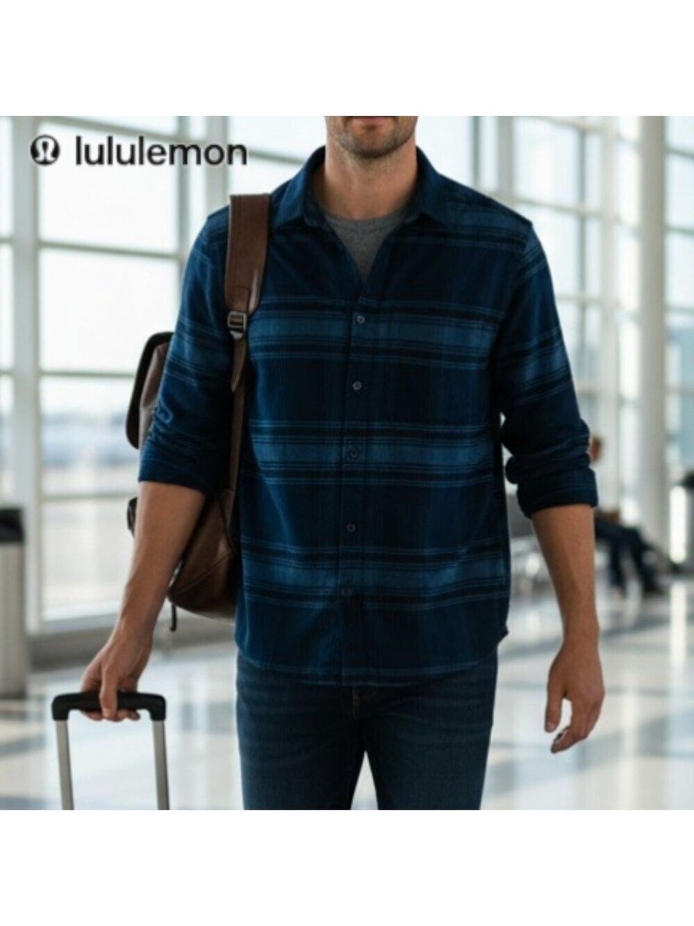 Lululemon XL Soft Performance Flannel Shirt Navy Blue Plaid Button Front